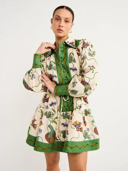 Unique Print Color-Block Balloon Sleeve Shirt Dress