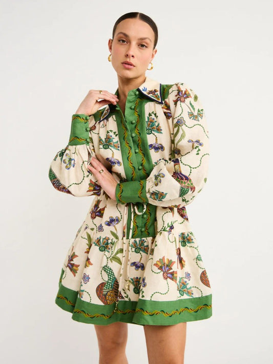 Unique Print Color-Block Balloon Sleeve Shirt Dress