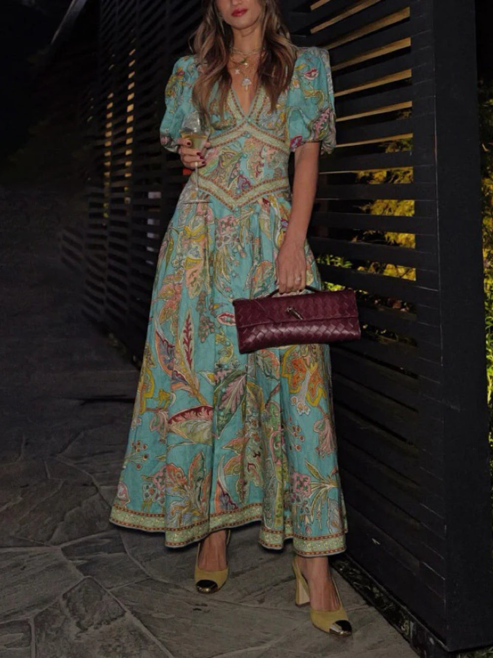 Satin Vintage Floral Print Puff Sleeve Unique Midi Dress