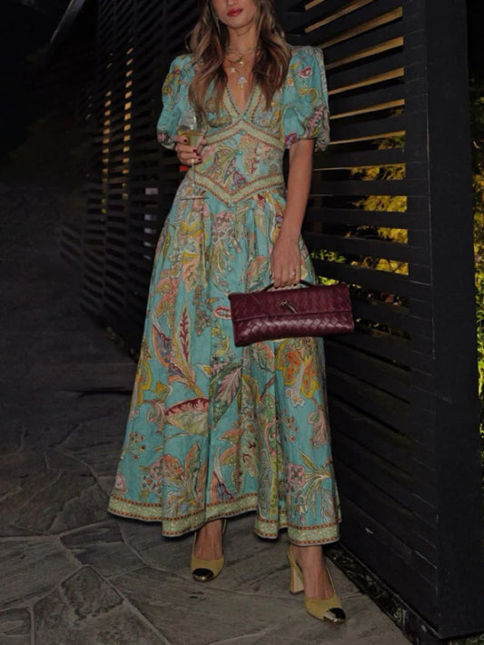 Satin Vintage Floral Print Puff Sleeve Unique Midi Dress