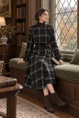 Autumn Winter Long Loose Warm Plaid Wool Blends Sleeve Belt Double Breasted Woolen Stylish Coat