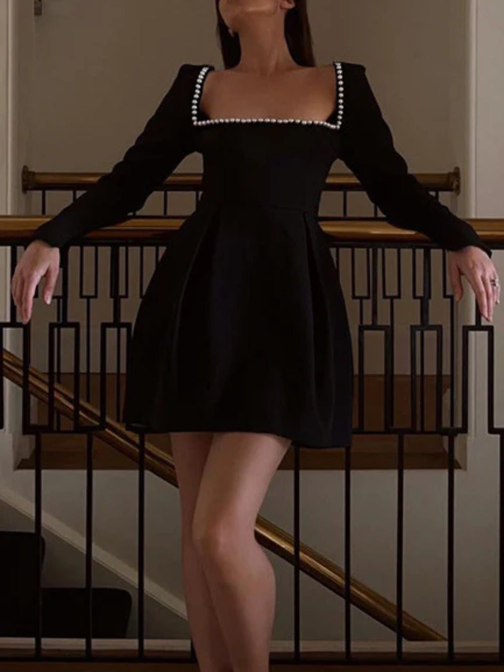 Square Neck Pearl Trim Dress