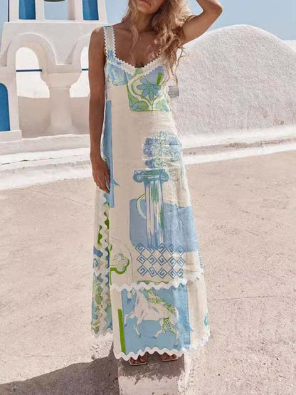 Painted Print Open Back Bow Dress