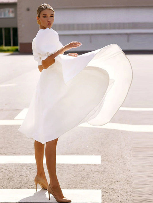 High-neck Bud Sleeve Elegant Midi Dress