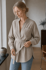 Striped V Neck Irregular Tie Waist Long Sleeve Blouse