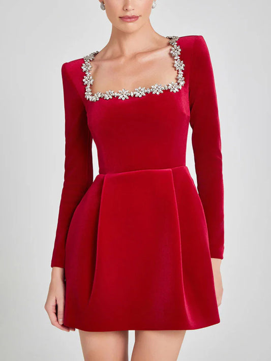 Elegant Square Neck Rhinestone Velvet Mini Dress