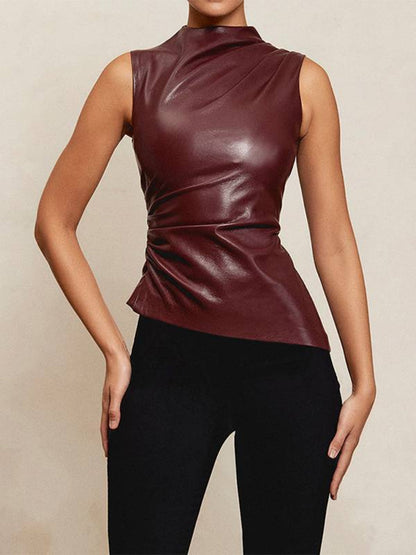 Sleeveless Pleated Leather Look Top
