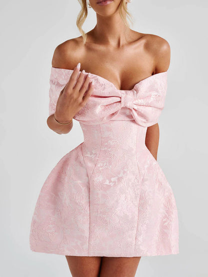 Bow Detail Off-Shoulder Jacquard Mini Dress