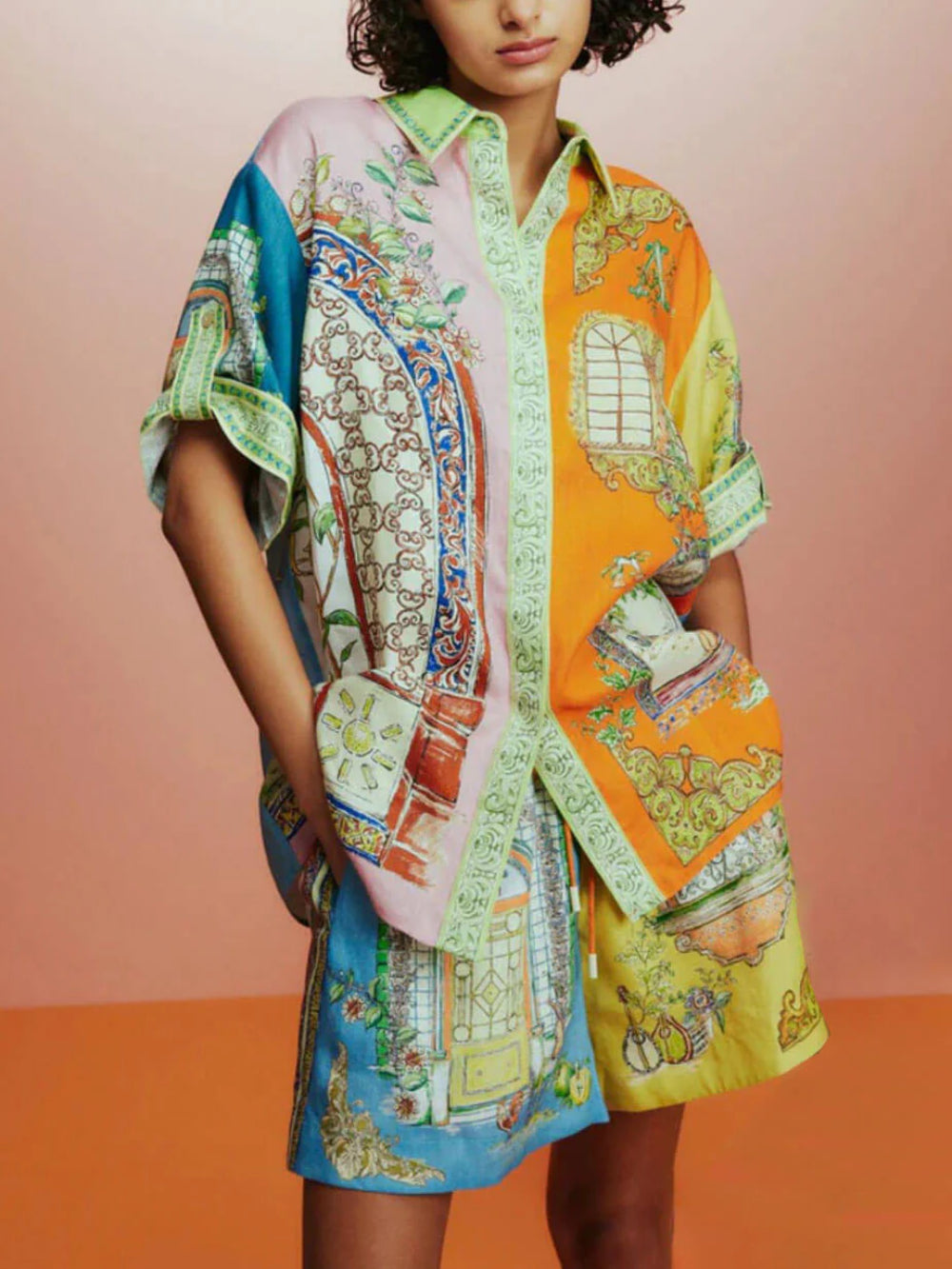 Button Detail Print Shorts Set