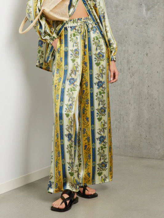 Satin Floral Stripe Wide-Leg Pants