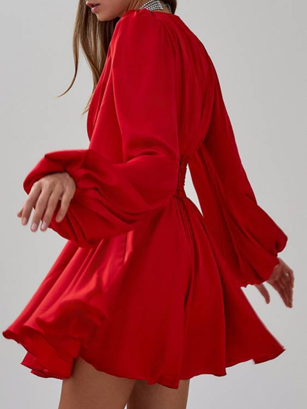 Bubble Sleeve Pleated Waist Dress