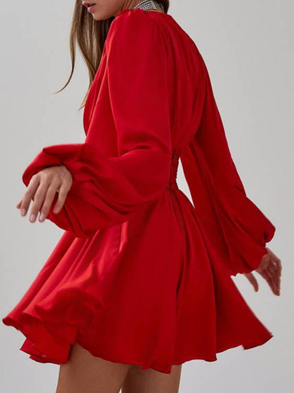 Bubble Sleeve Pleated Waist Dress