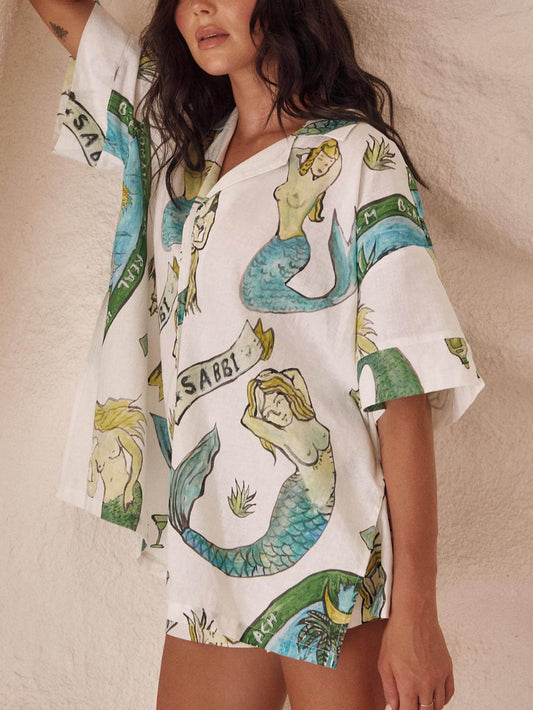 Mermaid Print Loose Shorts Set