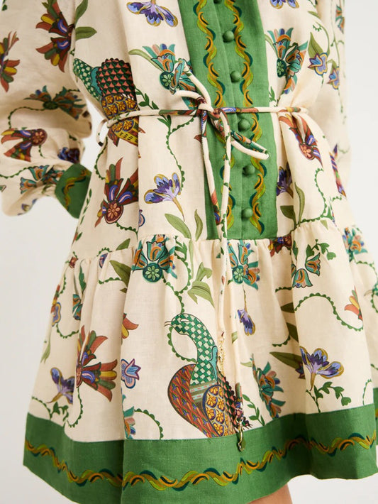 Unique Print Color-Block Balloon Sleeve Shirt Dress