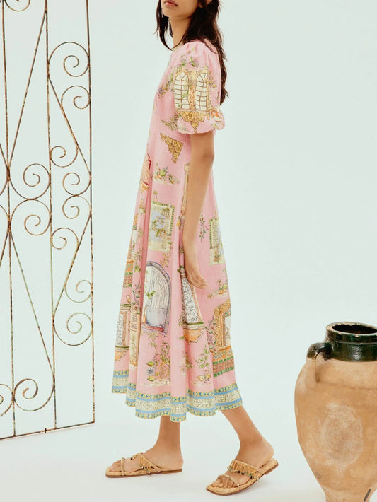 Exquisite Garden Print Puff Sleeve A-Line Dress