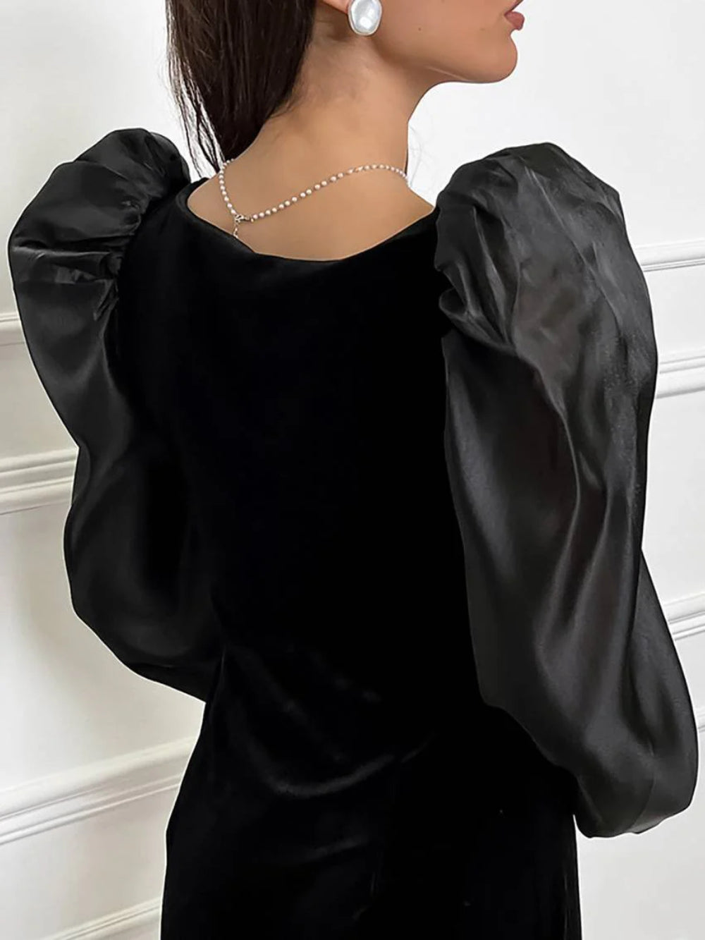 Square Neck Bubble Sleeve Front Slit Mini Dress