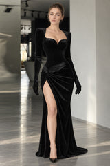 Elegant Evening Gloves Sleeve Velvet Slit Maxi Dress