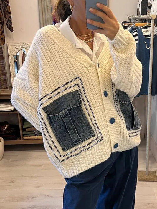 Denim Patchwork Knit Cardigan