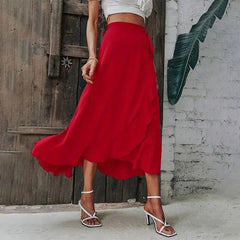 Red High Waist Boho Midi Skirt