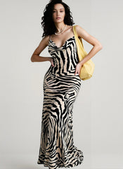 Sheer Zebra Print Tie Waist Maxi Dress