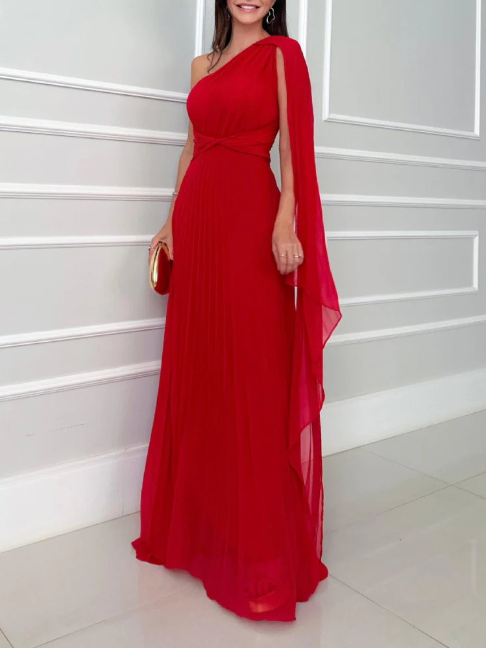 One-Shoulder Elegant Ruched Waist Dress