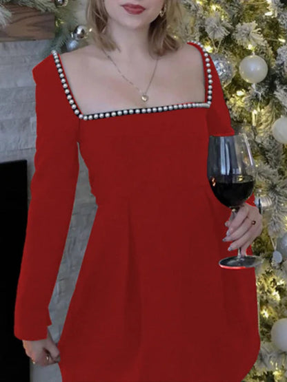 Square Neck Pearl Trim Dress