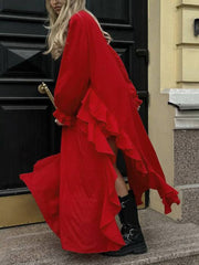 Ruffled V-Neck Long Sleeve Dress