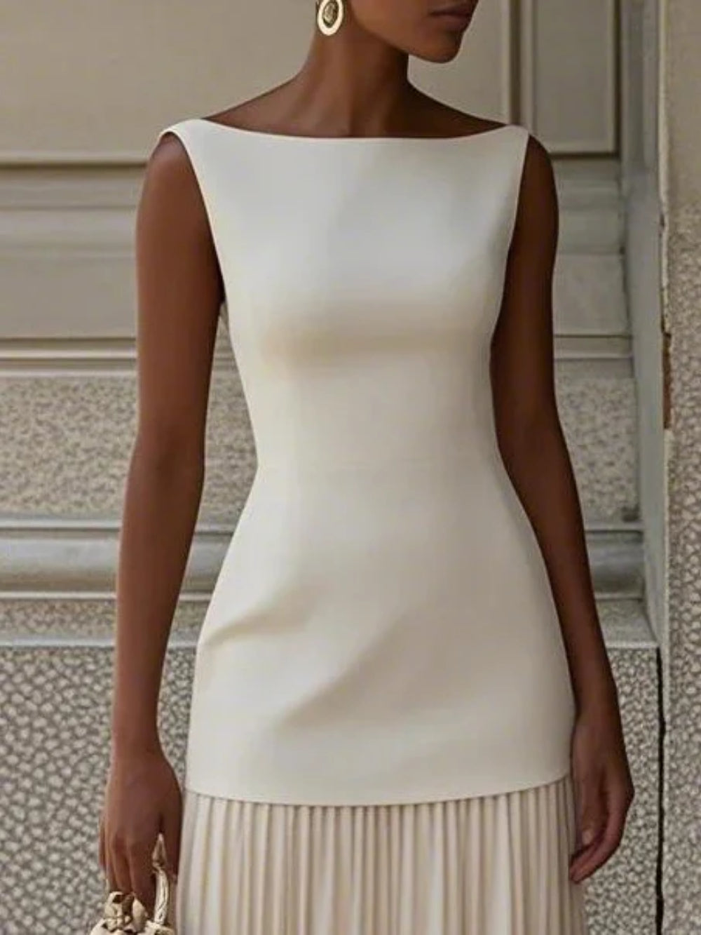 Pleated Classic Boat Neck Maxi Dress