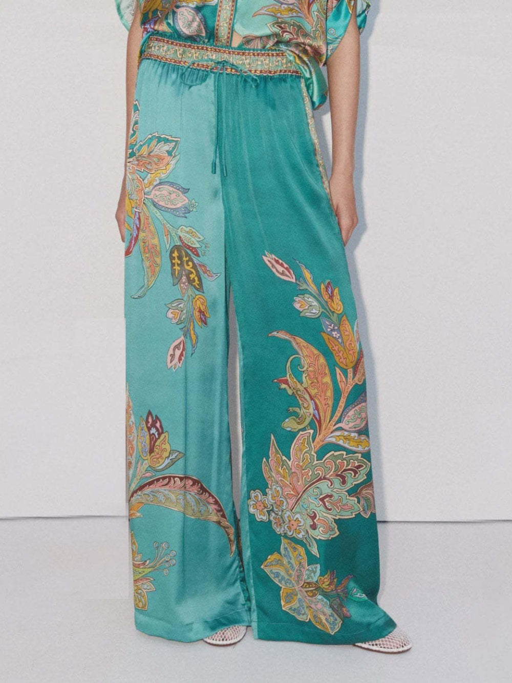 Satin Floral Wide-Leg Pants