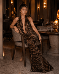 Sexy Printed Rhinestone Halter Backless Maxi Dress