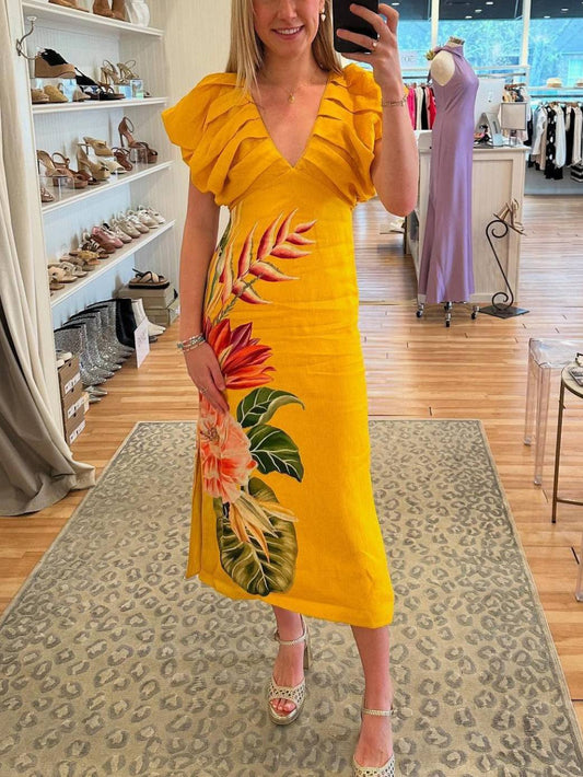 V-neck Pleated Printed Dress