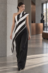 Striped Chiffon One Shoulder Tie Blouse