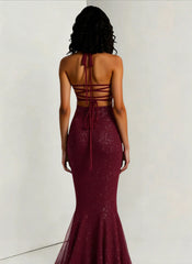 Solid Plunging Backless Slit Fitted Maxi Party Dress