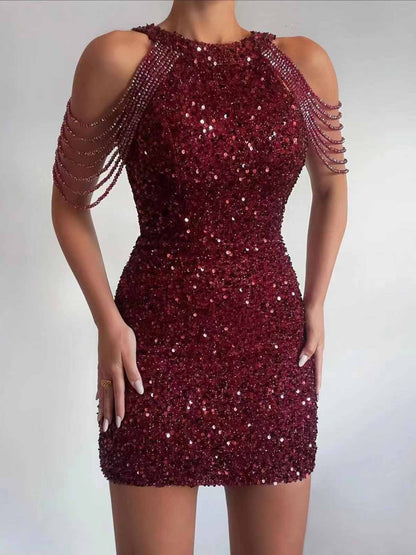 Elegant Crystal Chain Embellished Sequin Dress