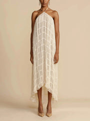 Charming Pleated Drawstring Waist Tiered Halterneck Dress