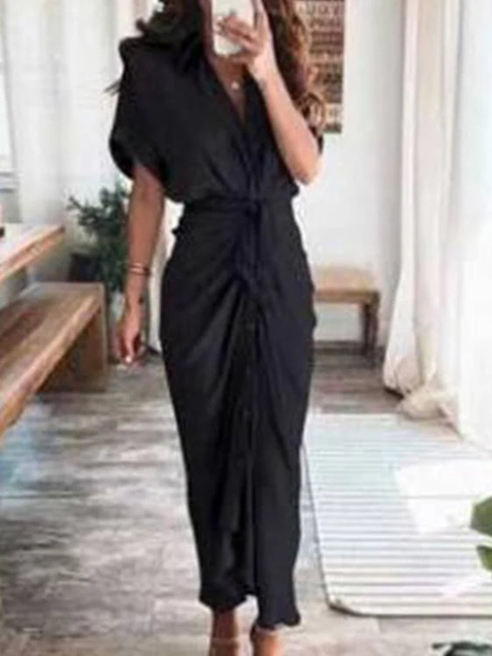 V-neck Pleated Strap Mini Dress