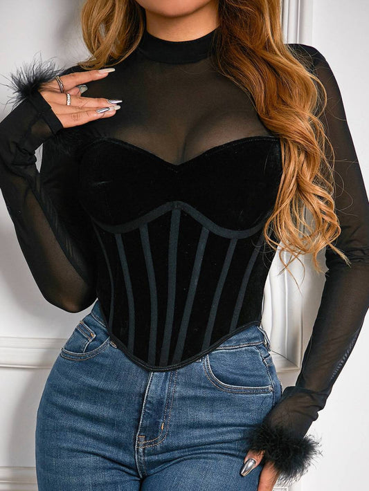 Mesh Patchwork Velvet Top