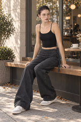 Drawstring Ruched Wide Leg Jeans