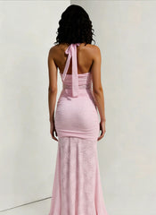Halter Backless Sheer Lace Patchwork High Slit Fitted Maxi Dress