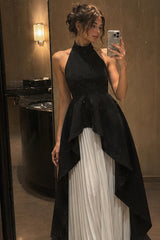 Halter Black White Contrast Pleated Prom Dress