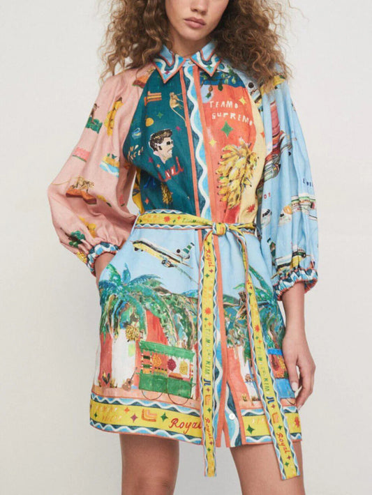Unique Satin Floral Print Tie Waist Shirt Dress