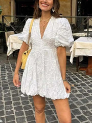 V-neck Embroidered Puff Sleeves Elegant Mini Dress