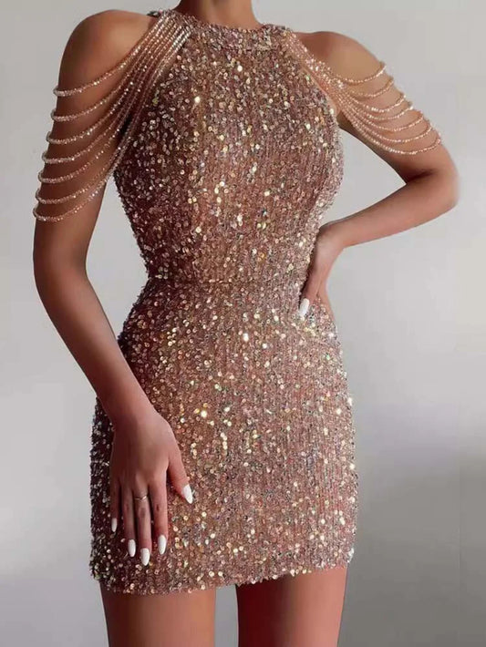 Elegant Crystal Chain Embellished Sequin Dress