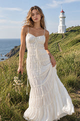 Lace Pleated Backless Suspender Maxi Dress