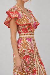 Floral Ruffle Slit Back V Boho Dress