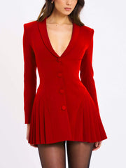 Deep V-neck Pleated Elegant Mini Dress