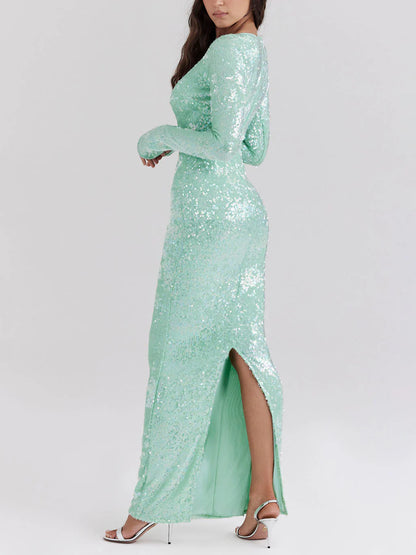 Sequin U-Neck Tie Sexy Long Elegant Evening Dress