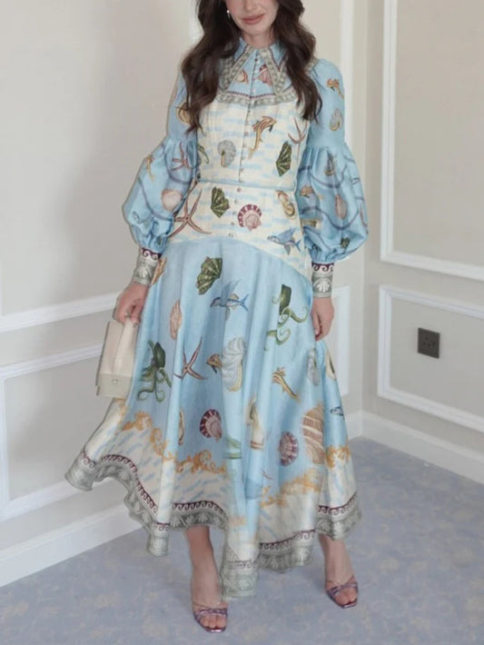 Deep Sea Floral Print Single-Breasted Midi Dress