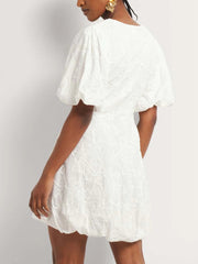 V-neck Embroidered Puff Sleeves Elegant Mini Dress
