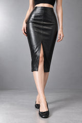 Office Lady Black PU Leather Skirt